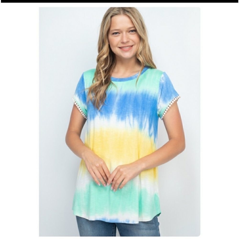 Cute Tie Dyed Tunic Top with Embellished Sleeves White Blue Yellow Green - Picture 2 of 7